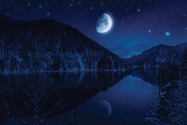 Moon Rising Over Tranquil Lake In The Misty Mountains Against Starry Sky.