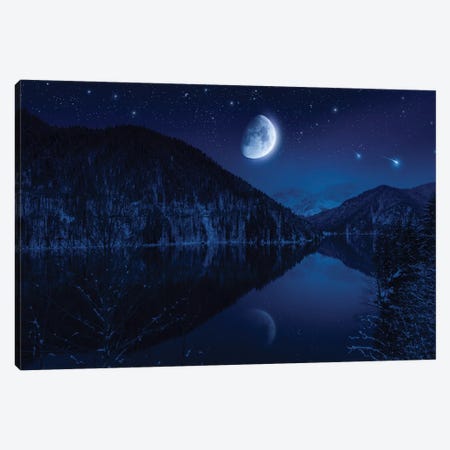 Moon Rising Over Tranquil Lake In The Misty Mountains Against Starry Sky. Canvas Print #TRK2480} by Evgeny Kuklev Canvas Art