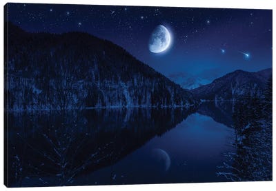 Moon Rising Over Tranquil Lake In The Misty Mountains Against Starry Sky. Canvas Art Print - Stocktrek Images - Astronomy & Space Collection