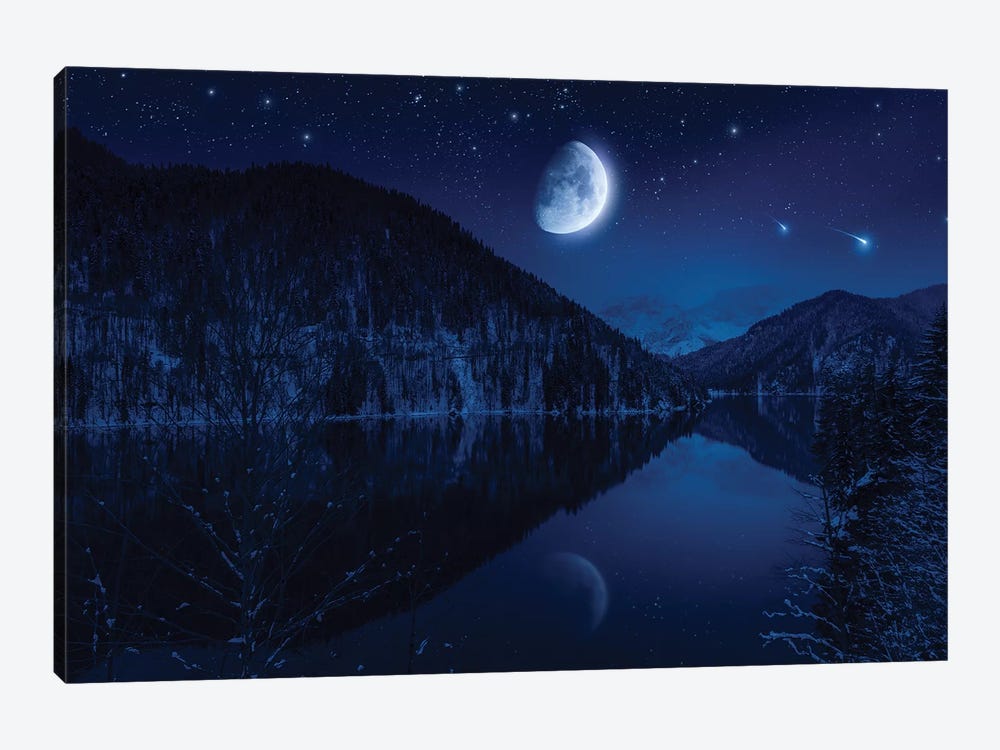 Moon Rising Over Tranquil Lake In The Misty Mountains Against Starry Sky. by Evgeny Kuklev 1-piece Canvas Artwork