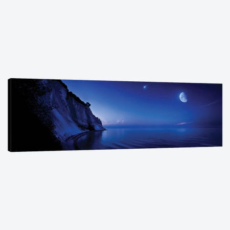 Moon Rising Over Tranquil Sea And Mons Klint Cliffs, Denmark. Canvas Print #TRK2481} by Evgeny Kuklev Canvas Artwork