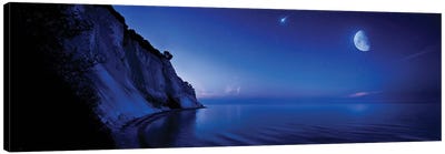 Moon Rising Over Tranquil Sea And Mons Klint Cliffs, Denmark. Canvas Art Print - Stocktrek Images - Astronomy & Space Collection