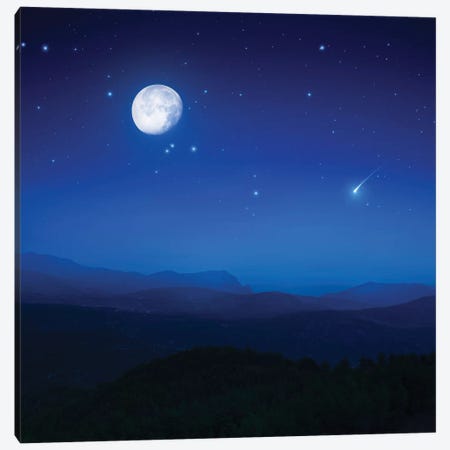 Mountain Range On A Misty Night With Moon, Starry Sky And Falling Meteorite. Canvas Print #TRK2484} by Evgeny Kuklev Canvas Print