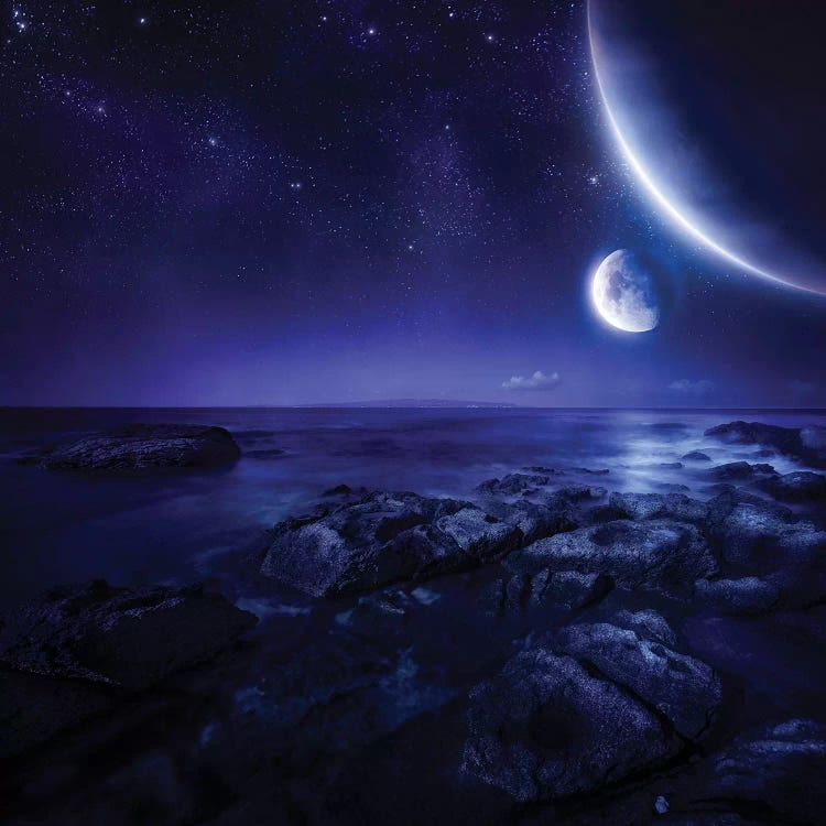 Nearby Planets Hover Over The Ocean On This World At Night.