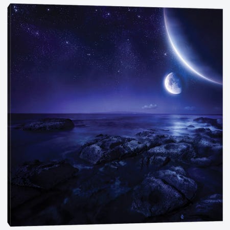 Nearby Planets Hover Over The Ocean On This World At Night. Canvas Print #TRK2488} by Evgeny Kuklev Canvas Artwork