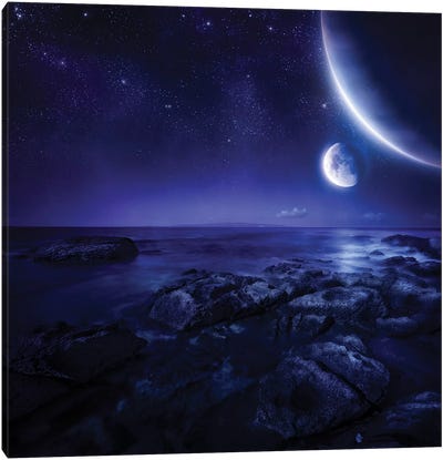 Nearby Planets Hover Over The Ocean On This World At Night. Canvas Art Print - Evgeny Kuklev