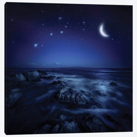 Rising Moon Over Ocean And Boulders Against Starry Sky. Canvas Print #TRK2511} by Evgeny Kuklev Canvas Art