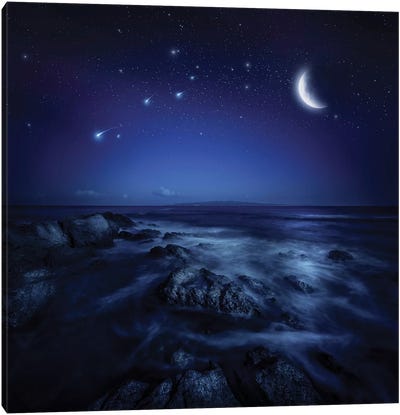 Rising Moon Over Ocean And Boulders Against Starry Sky. Canvas Art Print - Evgeny Kuklev