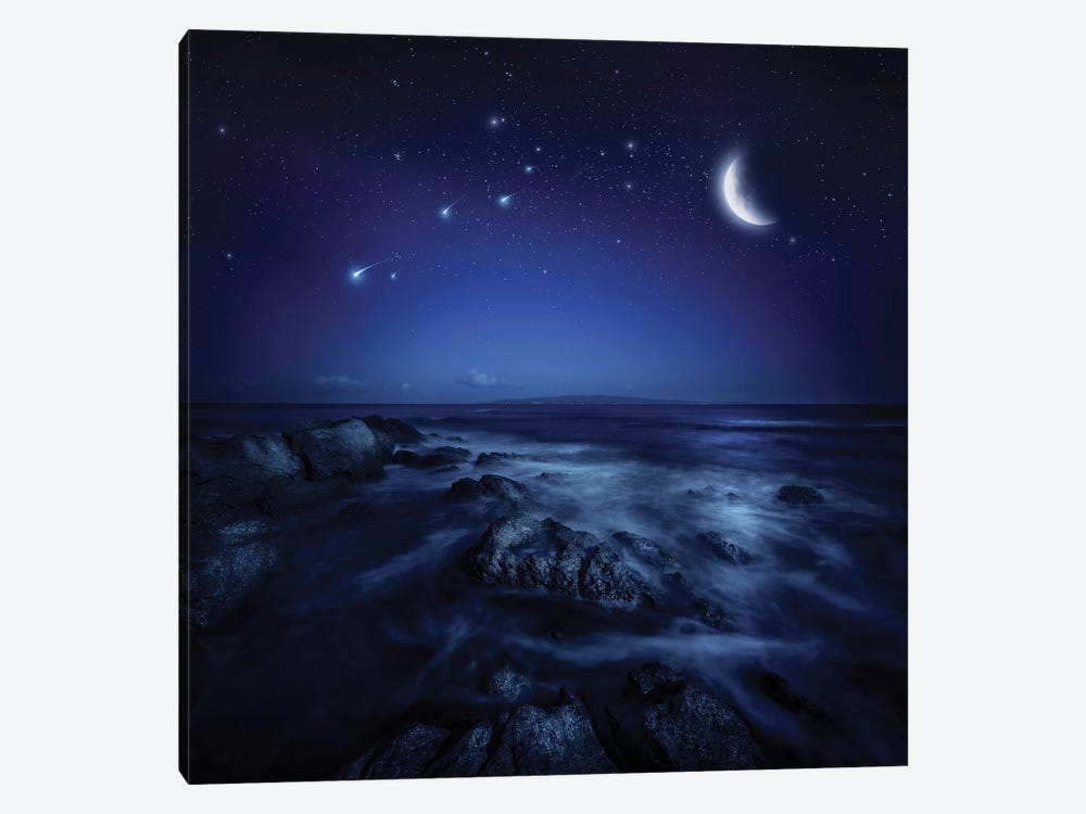 Rising Moon Over Ocean And Boulders Against Starry Sky. by Evgeny Kuklev 1-piece Art Print