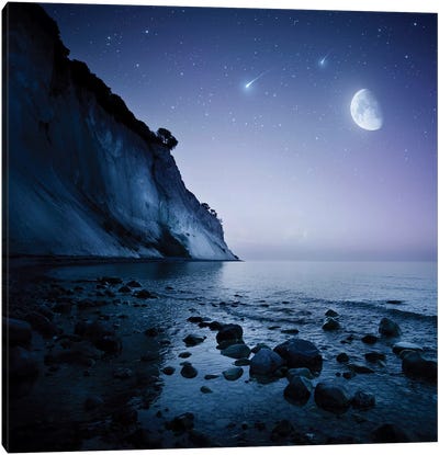 Rising Moon Over Ocean And Mountains Against Starry Sky. Canvas Art Print - Evgeny Kuklev