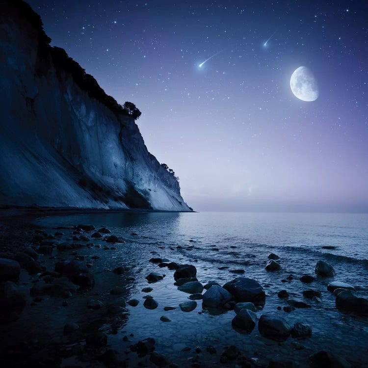 Rising Moon Over Ocean And Mountains Against Starry Sky.