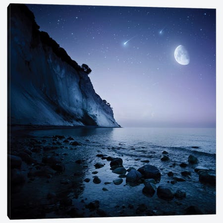 Rising Moon Over Ocean And Mountains Against Starry Sky. Canvas Print #TRK2513} by Evgeny Kuklev Canvas Wall Art