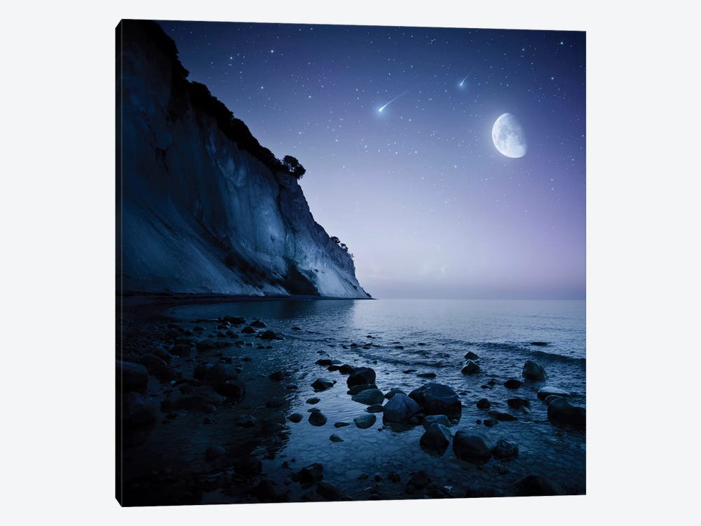 Rising Moon Over Ocean And Mountains Against Starry Sky. by Evgeny Kuklev 1-piece Art Print