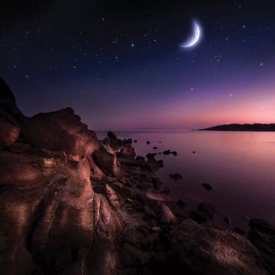 Rising Moon Over Ocean And Mountains Again Art Print Evgeny Kuklev