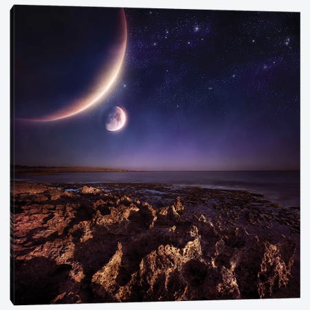 Rising Plantes Hover Over Ocean And Rocky Shore Against Starry Sky. Canvas Print #TRK2516} by Evgeny Kuklev Canvas Art Print