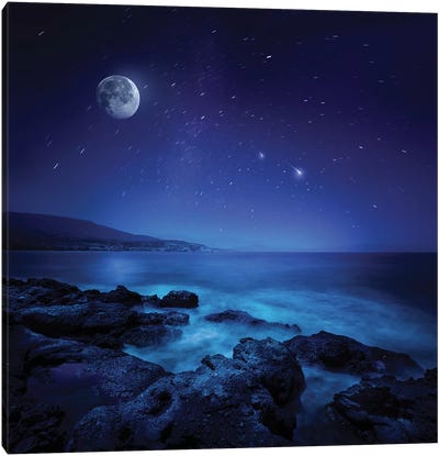Rocks Seaside Against Rising Moon And Starry Field, Crete, Greece Canvas Art Print - Star Art
