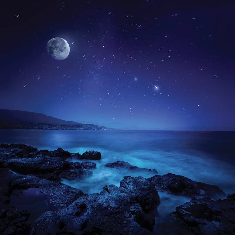 Rocks Seaside Against Rising Moon And Starry Field, Crete, Greece