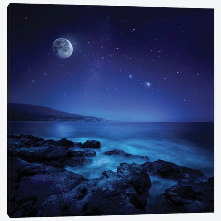Rocks Seaside Against Rising Moon And Starry Field, Crete, Greece Canvas Print #TRK2520} by Evgeny Kuklev Canvas Print