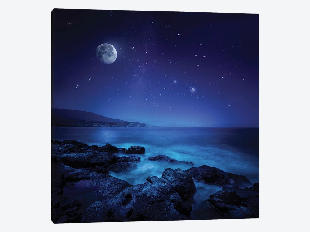 Rocks Seaside Against Rising Moon And Starry Field, Crete, Greece by Evgeny Kuklev 1-piece Canvas Print