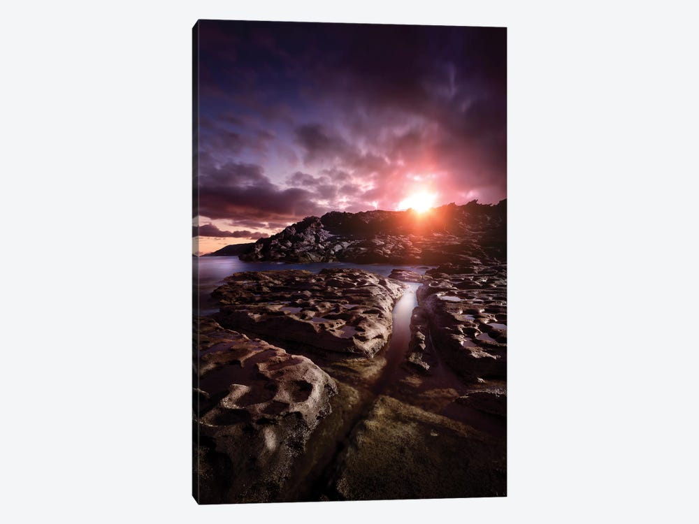 Rocky Shore And Tranquil Sea Against Cloudy Sky At Sunset, Sardinia, Italy I 1-piece Canvas Art