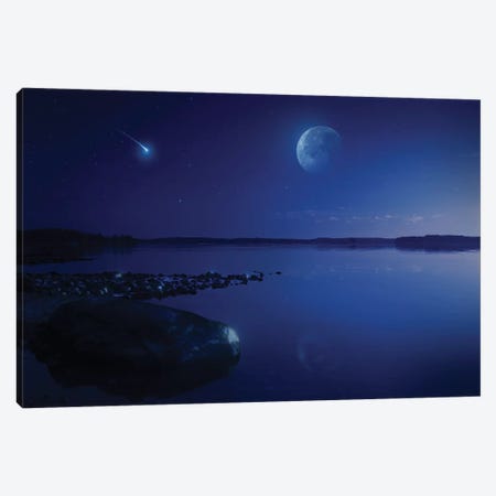 Tranquil Lake Against Starry Sky, Moon And Falling Meteorite, Finland I Canvas Print #TRK2566} by Evgeny Kuklev Canvas Wall Art