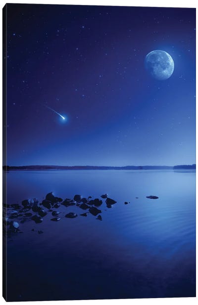 Tranquil Lake Against Starry Sky, Moon And Falling Meteorite, Finland II Canvas Art Print - Evgeny Kuklev