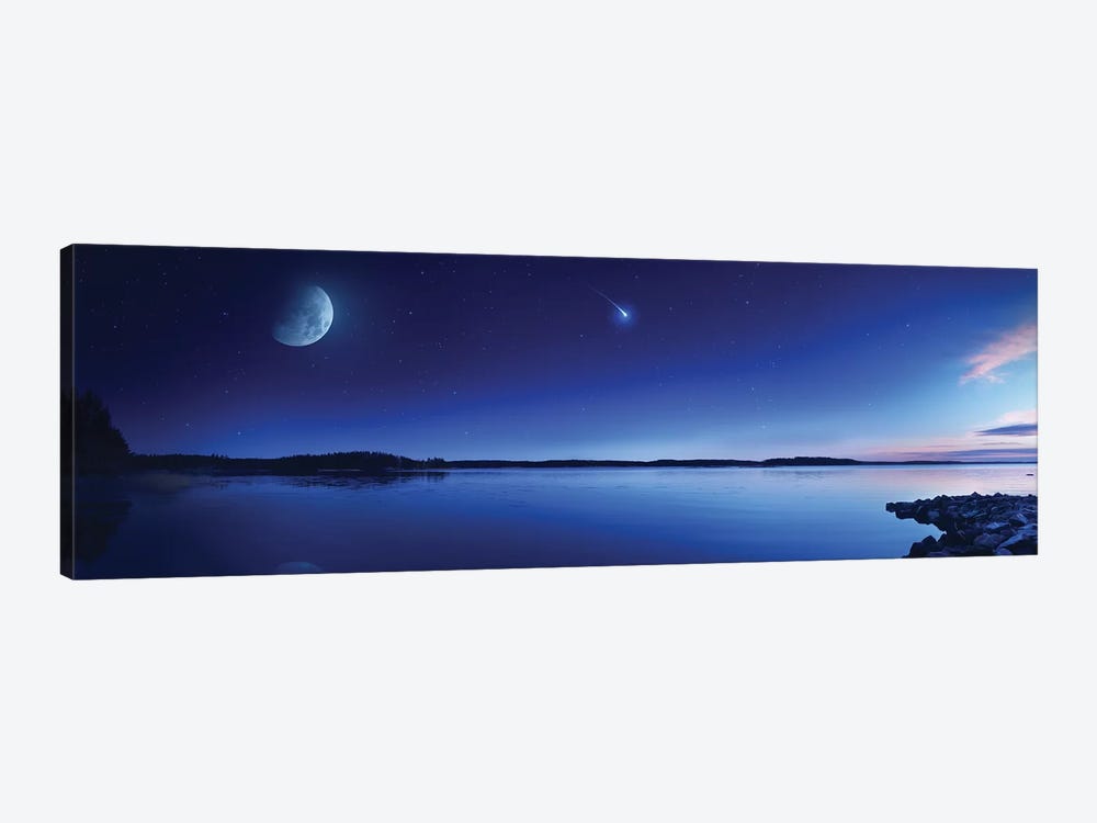 Tranquil Lake Against Starry Sky, Moon And Falling Meteorite, Finland III by Evgeny Kuklev 1-piece Canvas Print