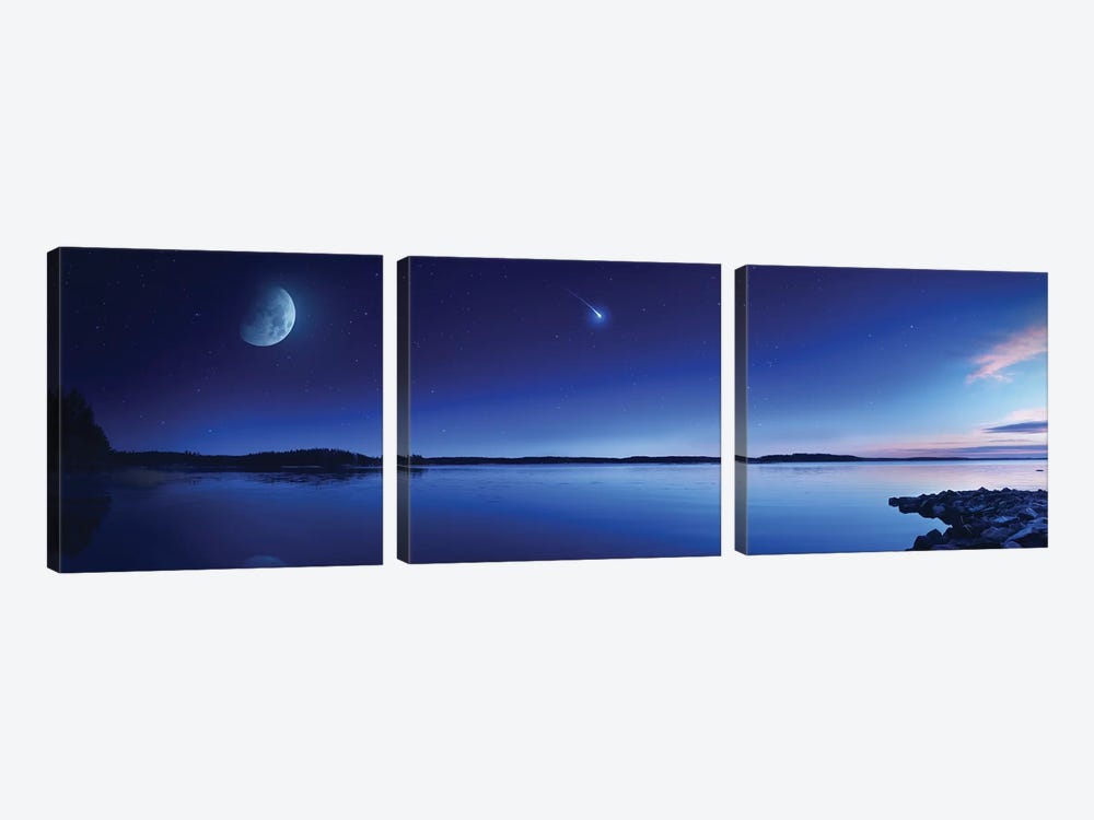 Tranquil Lake Against Starry Sky, Moon And Falling Meteorite, Finland III by Evgeny Kuklev 3-piece Canvas Print