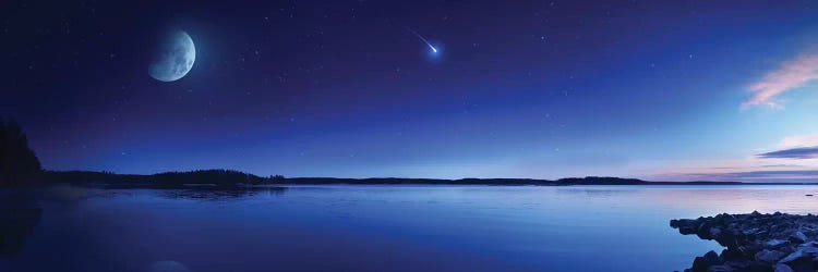 Tranquil Lake Against Starry Sky, Moon And Falling Meteorite, Finland III