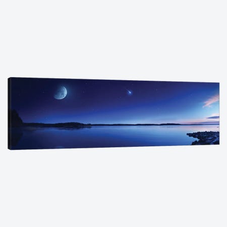Tranquil Lake Against Starry Sky, Moon And Falling Meteorite, Finland III Canvas Print #TRK2568} by Evgeny Kuklev Art Print