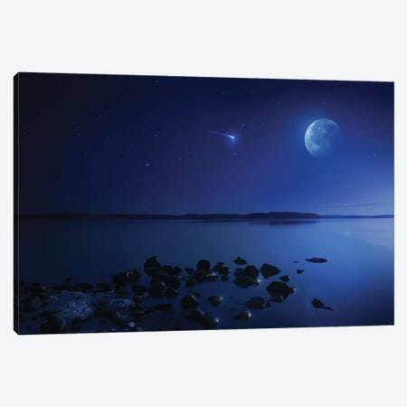 Tranquil Lake Against Starry Sky, Moon And Falling Meteorite, Finland IV Canvas Print #TRK2569} by Evgeny Kuklev Art Print