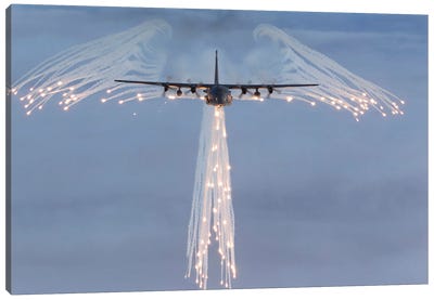 MC-130H Combat Talon Dropping Flares Canvas Art Print - Military Aircraft Art