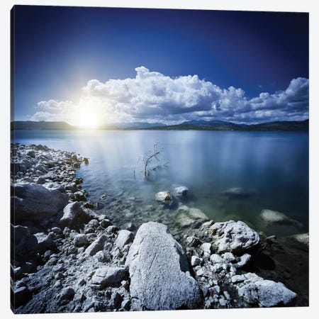 Tranquil Lake And Rocky Shore With Sun Over Horizon, Sardinia, Italy Canvas Print #TRK2576} by Evgeny Kuklev Canvas Art Print