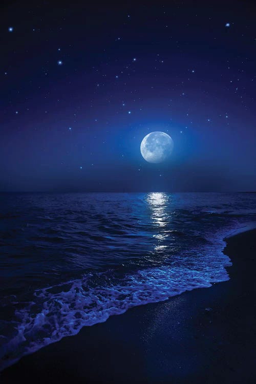 Tranquil Ocean At Night Against Starry Sky And Moon