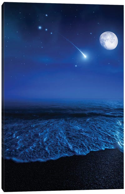Tranquil Ocean At Night Against Starry Sky, Moon And Falling Meteorite Canvas Art Print - Night Sky Art
