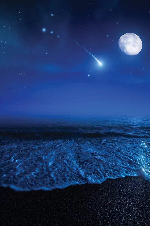 Tranquil Ocean At Night Against Starry Sky, Moon And Falling Meteorite