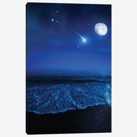 Tranquil Ocean At Night Against Starry Sky, Moon And Falling Meteorite Canvas Print #TRK2580} by Evgeny Kuklev Canvas Art Print