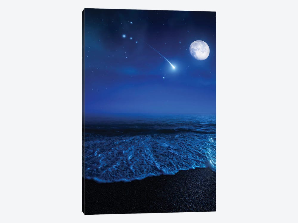 Tranquil Ocean At Night Against Starry Sky, Moon And Falling Meteorite by Evgeny Kuklev 1-piece Art Print