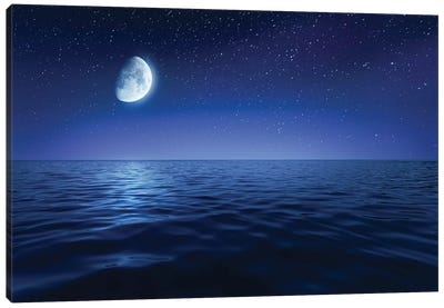 Tranquil Seas Against Rising Moon In A Starry Sky, Crete, Greece Canvas Art Print - Evgeny Kuklev