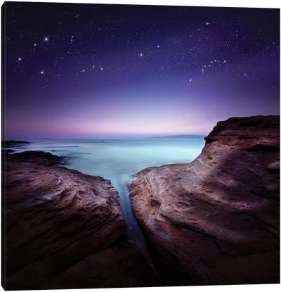 Two Large Rocks In A Sea, Against Starry Sky Canvas Art Print - Stocktrek Images