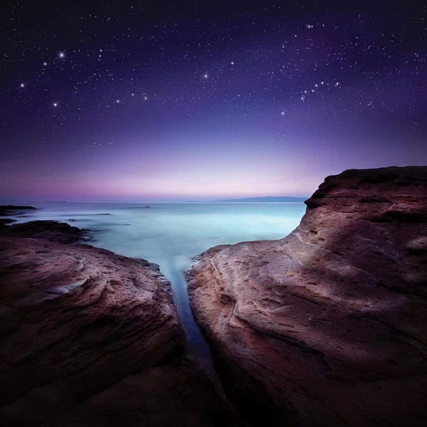Evgeny Kuklev: Two Large Rocks In A Sea, Against Starry Sky by Evgeny Kuklev