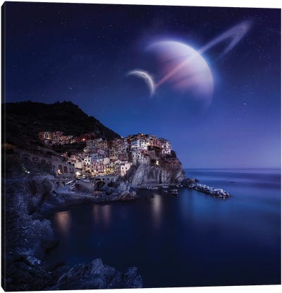 View Of Manarola On A Starry Night With Planets, Northern Italy Canvas Art Print - Planet Art
