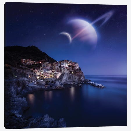 View Of Manarola On A Starry Night With Planets, Northern Italy Canvas Print #TRK2590} by Evgeny Kuklev Canvas Wall Art