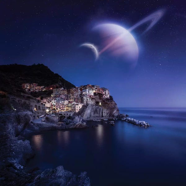 Evgeny Kuklev: View Of Manarola On A Starry Night With Planets, Northern Italy by Evgeny Kuklev