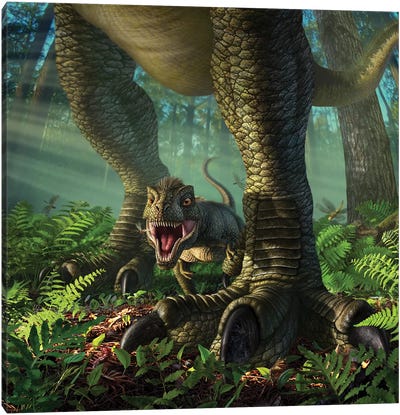 A Baby Tyrannosaurus Rex Roars While Safely Standing Between It's Mother's Legs Canvas Art Print - Jerry Lofaro