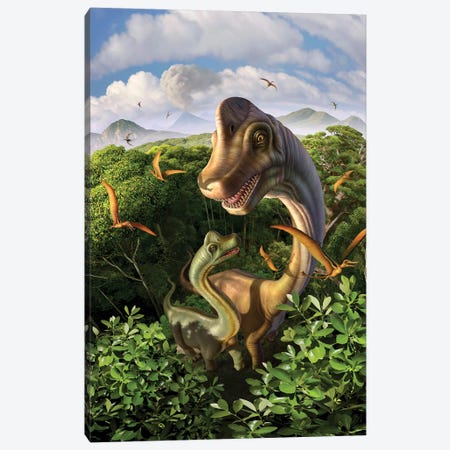 A Brachiosaurus With Young Above The Treetops, Surrounded By Pterodactyls Canvas Print #TRK2632} by Jerry Lofaro Art Print