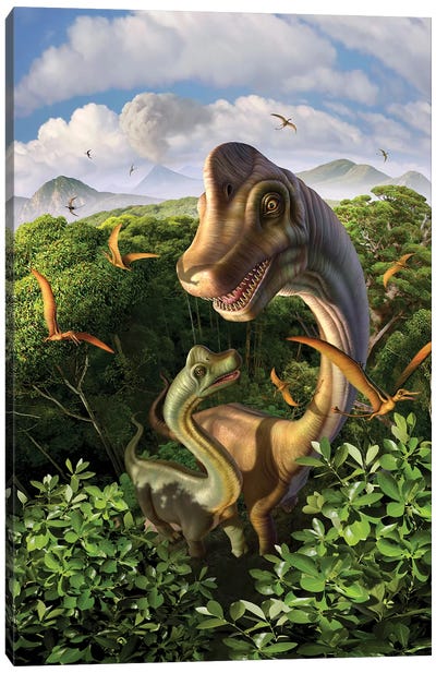 A Brachiosaurus With Young Above The Treetops, Surrounded By Pterodactyls Canvas Art Print - Jerry Lofaro