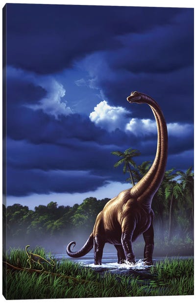 A Startled Brachiosaurus Splashes Through A Swamp Against A Stormy Sky Canvas Art Print - Brachiosaurus Art