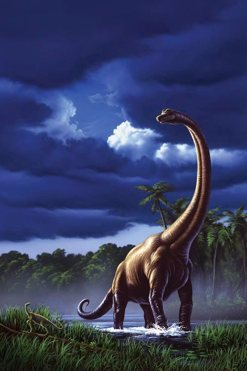 A Startled Brachiosaurus Splashes Through A Swamp Against A Stormy Sky by Jerry Lofaro wall art