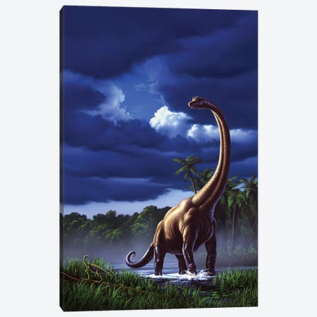 A Startled Brachiosaurus Splashes Through A Swamp Against A Stormy Sky Canvas Print #TRK2633} by Jerry Lofaro Canvas Art Print